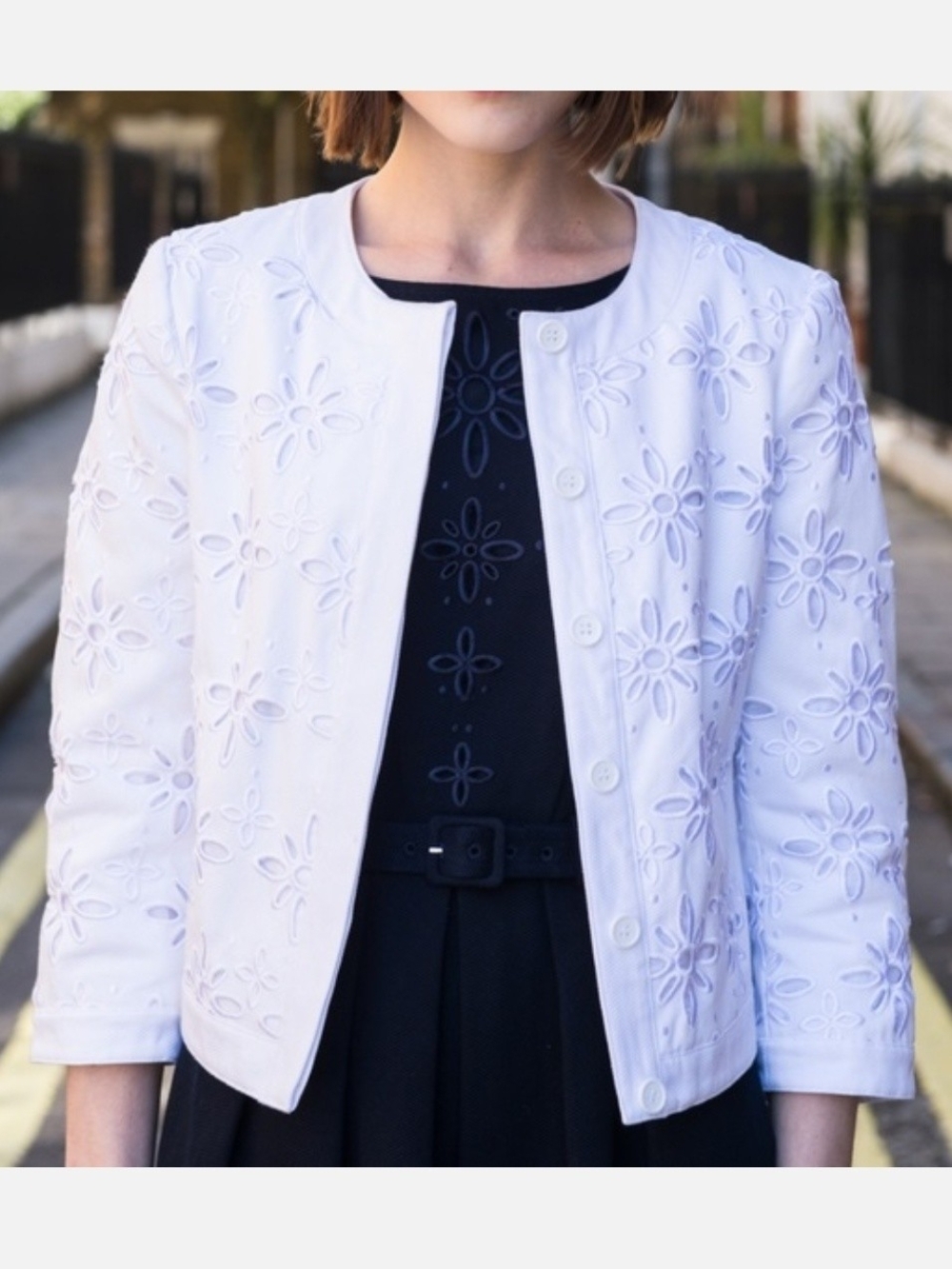 L.K. Bennett Livia Eyelet Crop Jacket White Women's Size 12 Button Front Preppy
